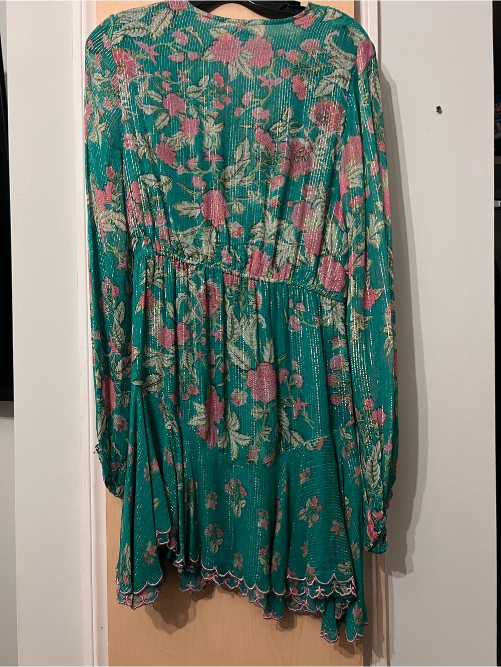 HEMANT & NANDITA Teal Floral V-Neck Long Sleeve Dress with Pink Accents - Picture 2 of 5